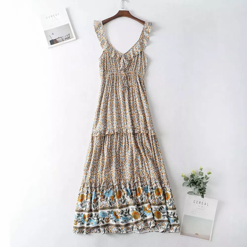 Boho Floral Print Ruffle Strap Maxi Dress